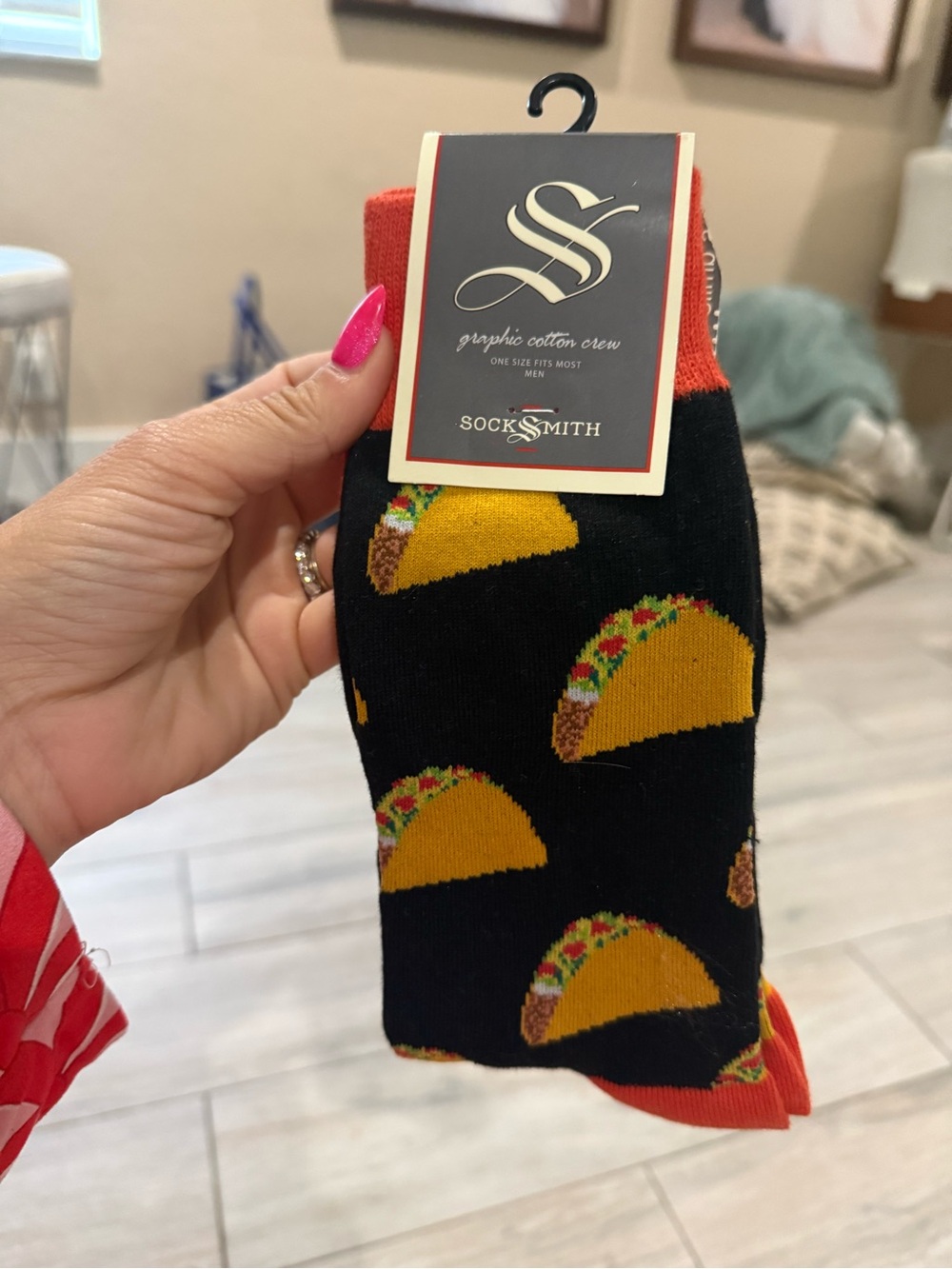 Socksmith Men’s Black Taco Pattern Crew Socks - Orange Accents